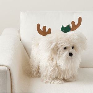 Pottery Barn Adorably Cuddly Luxe Faux Fur Dog with Antlers Shaped Pillow BNWT